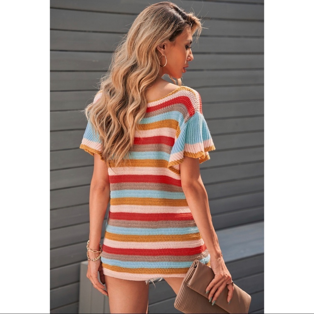 Multicolored Color Block Flutter Sleeve Top - Picture 5 of 5